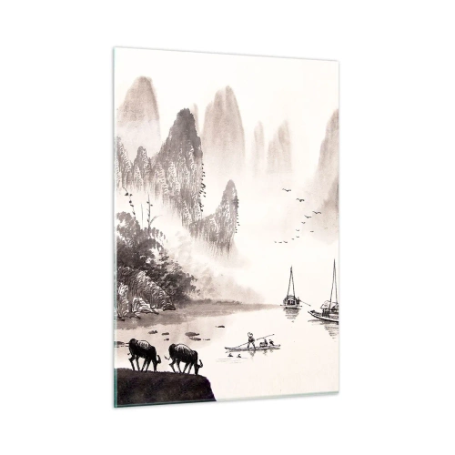 Glasbild - Bild auf glas - Chinesische Landschaft mit Bergen, Bäumen und Wasser - 50x70cm - Der exotische Alltag des Ostens - Moderne Wanddekoration für Wohnzimmer und Schlafzimmer ARTTOR