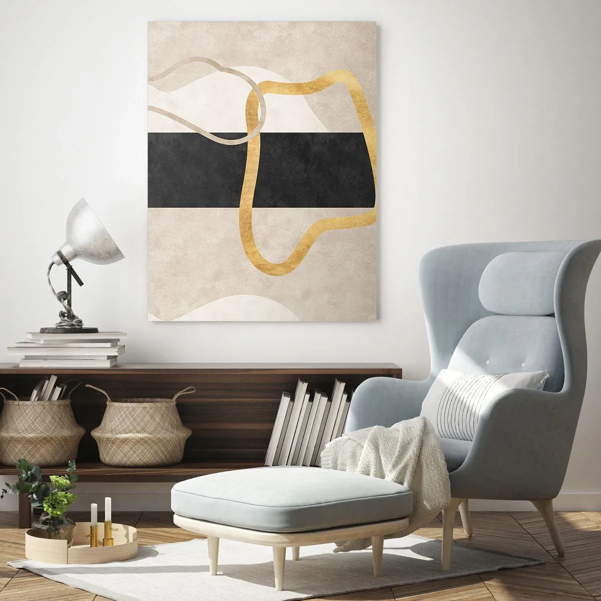Glasbild - Bild auf glas - Ein minimalistisches Design mit geschwungenen Formen in Gold und Schwarz. - 70x100cm - Schleifenformen - Moderne Wanddekoration für Wohnzimmer und Schlafzimmer ARTTOR