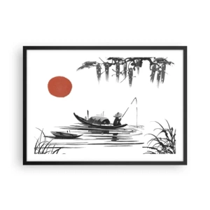 Poster in einem schwarzem Rahmen - Orientalische Landschaft mit einem Fischer auf einem Boot und einer roten Sonne - 70x50cm - Asiatischer Nachmittag - Moderne Wanddekoration für Wohnzimmer und Schlafzimmer ARTTOR