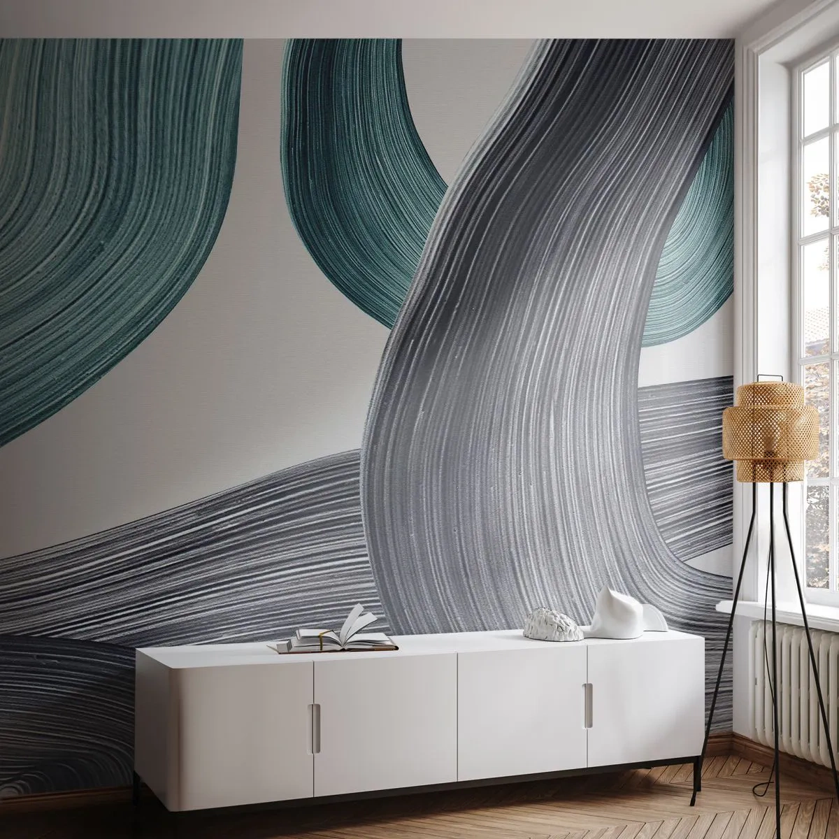 Fototapete Standard Eco - Smaragdgrüne und schwarze Pfade - Malen, Bürste, Minimalismus - 350x256 cm