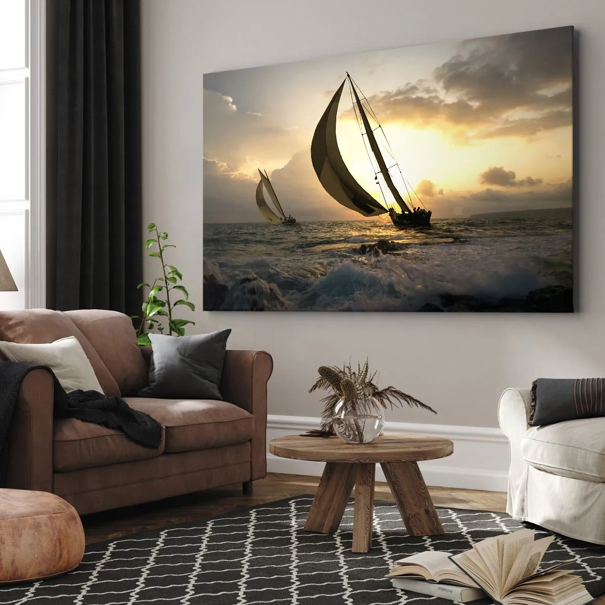 Bild auf Leinwand - Leinwandbild - Segelboote auf See bei Sonnenuntergang - 100x70cm - Mit dem Wind und gegen den Wind - Moderne Wanddekoration für Wohnzimmer und Schlafzimmer ARTTOR
