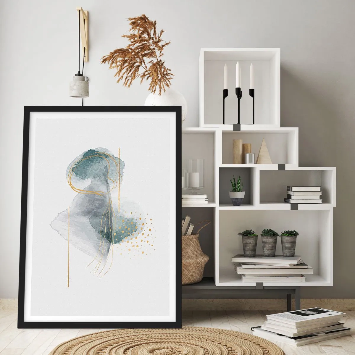 Poster in einem schwarzem Rahmen - Über das Verhältnis von Grau und Gold - 40x50 cm