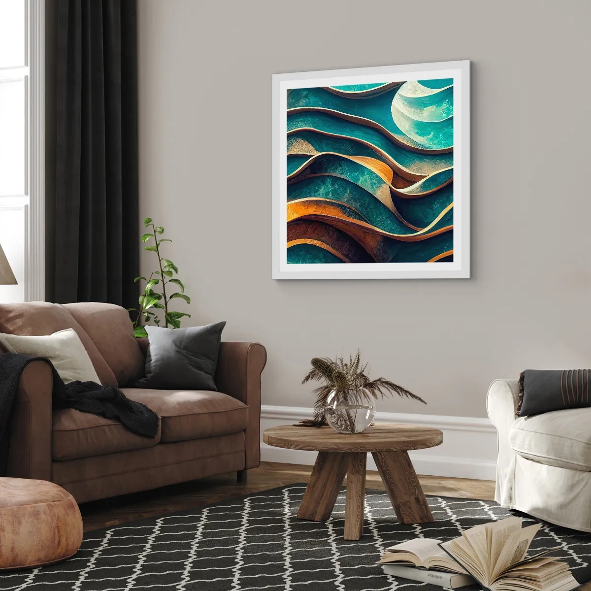 Poster in einem weißen Rahmen - Blaue Mäander - 60x60 cm