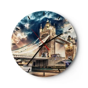 Wanduhr - Glasuhr - Tower Bridge bei Nacht mit dramatischem Himmel - 30x30cm - Denkmal des viktorianischen Imperiums - Moderne Wanddekoration für Wohnzimmer, Küche und Schlafzimmer ARTTOR