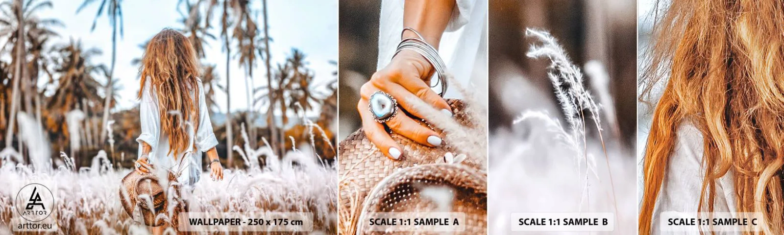 Fototapetenmuster Standard Eco - Geboren aus Grasflaum - Frau, Jahrgang, Boho - 100x30 cm