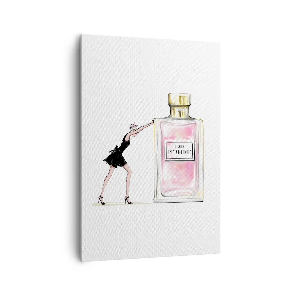 Bild auf Leinwand - Leinwandbild - Eine Frau in einem schwarzen Kleid neben einer Parfümflasche - 70x100cm - Essenz der Weiblichkeit - Moderne Wanddekoration für Wohnzimmer und Schlafzimmer ARTTOR