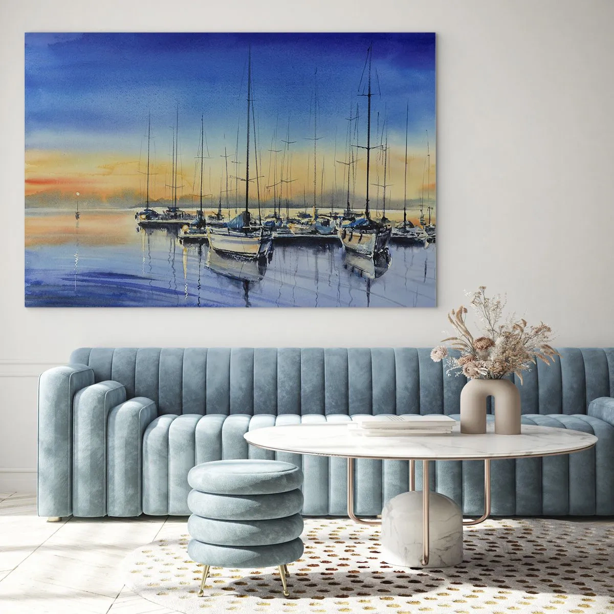 Glasbild - Bild auf glas - Segelboote im Hafen bei Sonnenuntergang - 70x50cm - Ende eines guten Tages - Moderne Wanddekoration für Wohnzimmer und Schlafzimmer ARTTOR