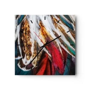 Wanduhr - Glasuhr - Nahaufnahme von mehrfarbigen Federn in leuchtenden, intensiven Farben - 30x30cm - Geheimnisse des Fliegens - Moderne Wanddekoration für Wohnzimmer und Schlafzimmer ARTTOR