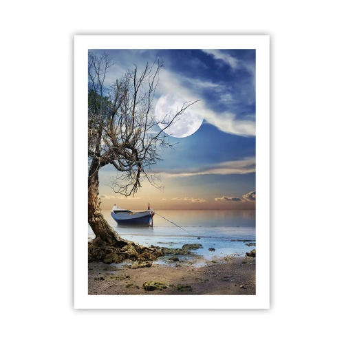 Poster - Landschaft mit einem Boot, einem Baum und dem Mond vor dem Hintergrund eines ruhigen Wassers - 50x70cm - Ist das das Ende oder der Anfang? - Moderne Wanddekoration für Wohnzimmer und Schlafzimmer ARTTOR