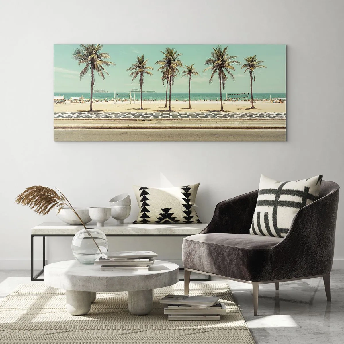 Glasbild - Bild auf glas - Palmen am Strand mit Blick auf das Meer und den blauen Himmel - 160x50cm - Beim Bewachen des Strandes - Moderne Wanddekoration für Wohnzimmer und Schlafzimmer ARTTOR