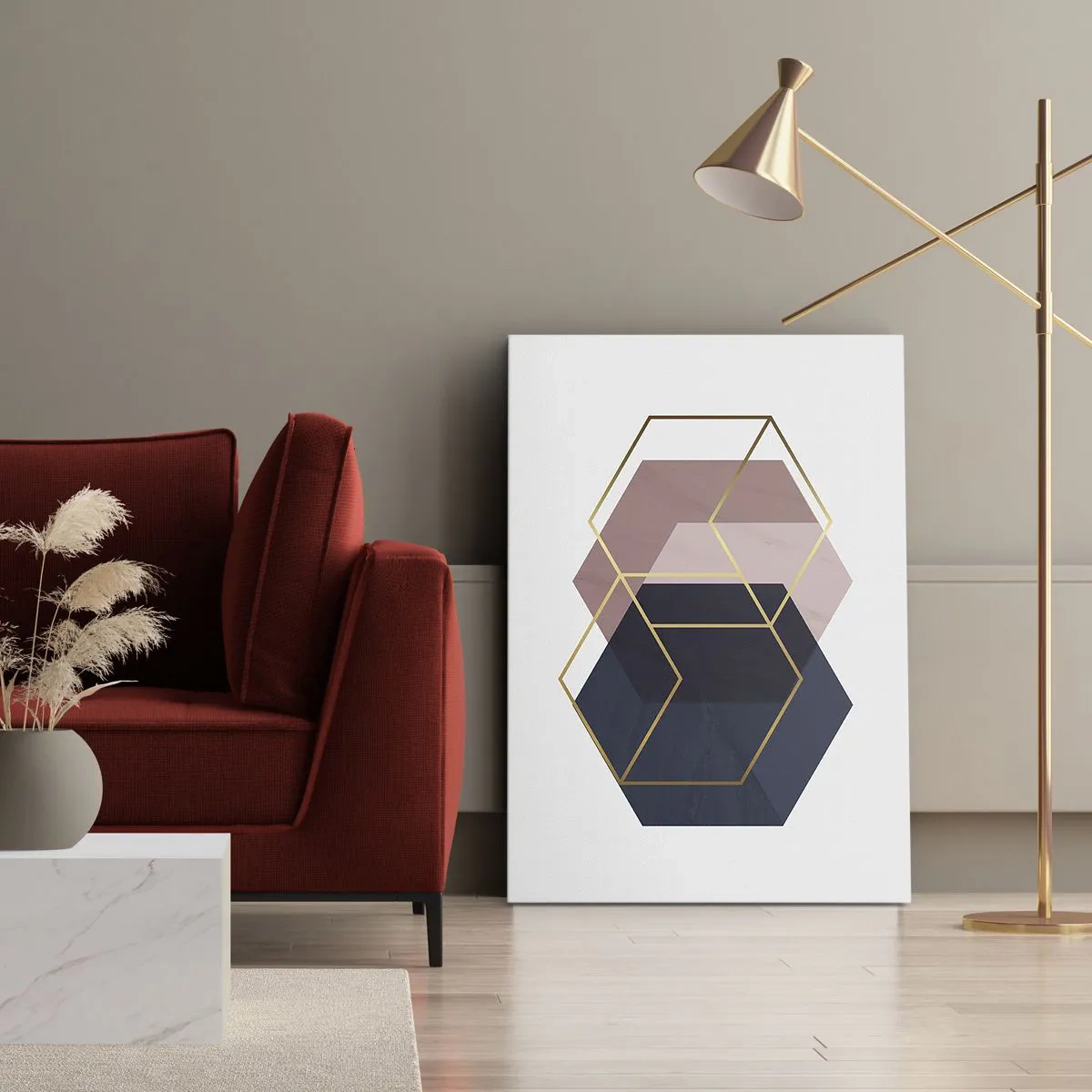Bild auf Leinwand - Leinwandbild - Geometrische Formen in goldenen Linien auf pastellfarbenem Hintergrund - 50x70cm - Die Kraft der Einfachheit - Moderne Wanddekoration für Wohnzimmer und Schlafzimmer ARTTOR