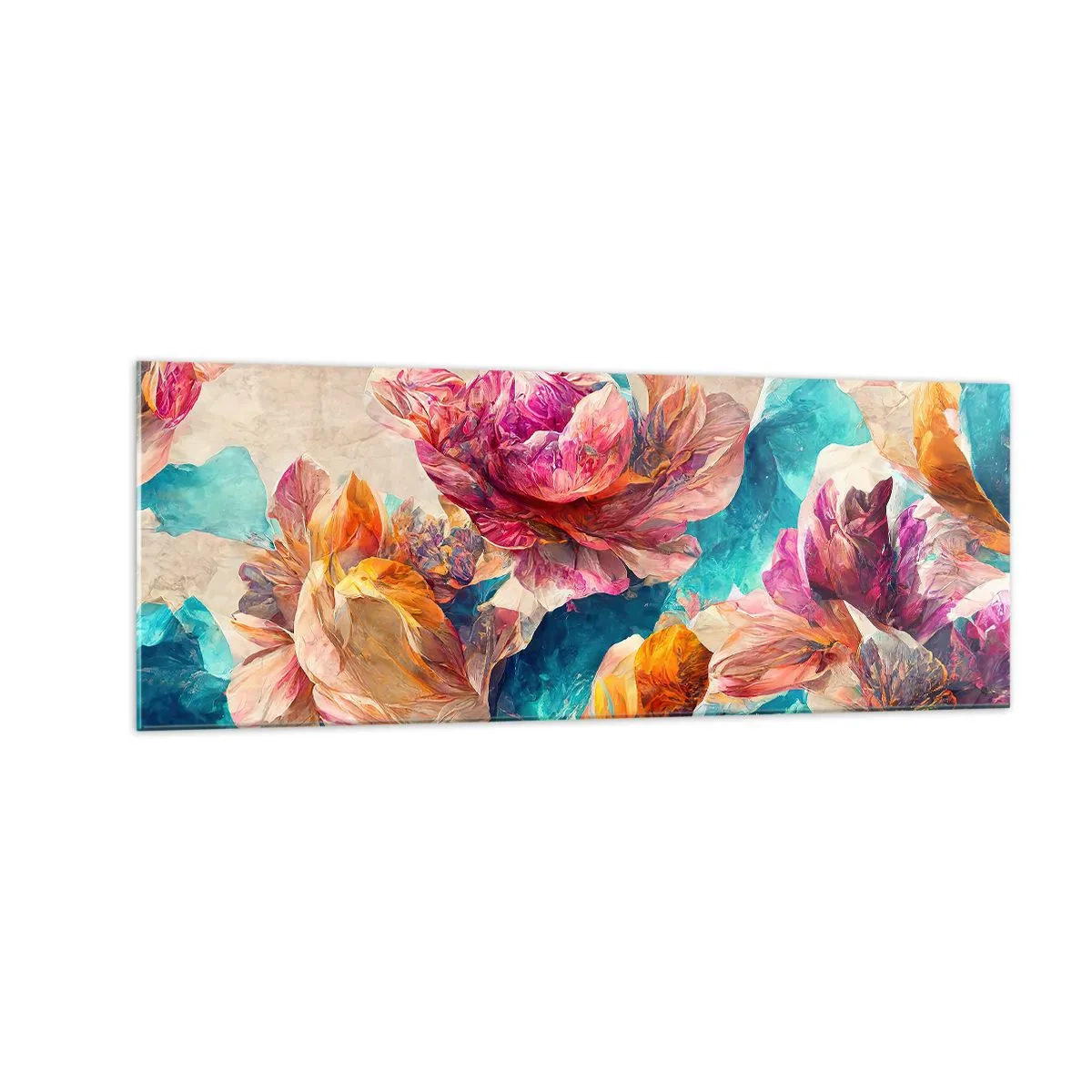 Glasbild - Bild auf glas - Bunte Blumen auf beigem Hintergrund - 140x50cm - Farbenpracht des Straußes - Moderne Wanddekoration für Wohnzimmer und Schlafzimmer ARTTOR