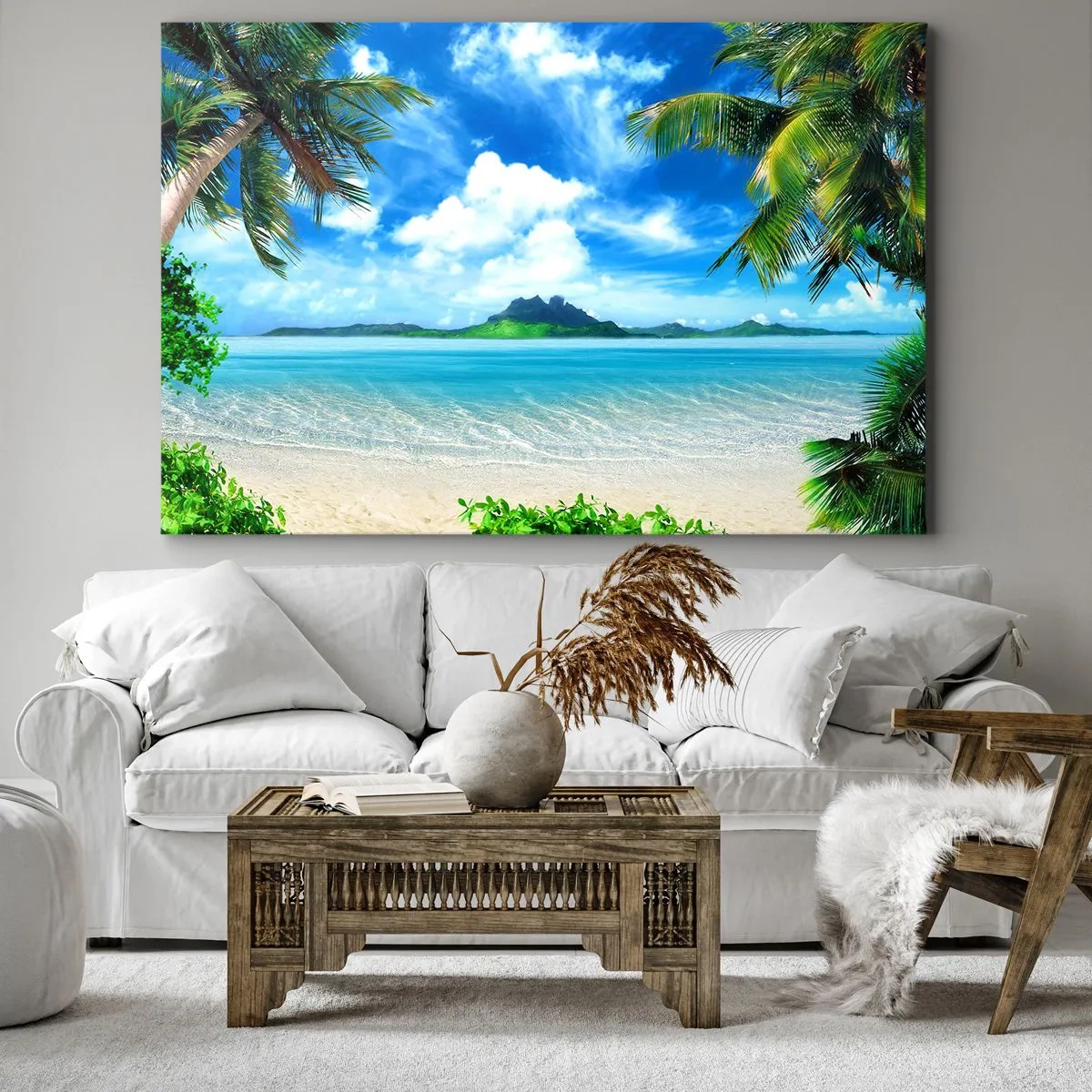Bild auf Leinwand - Leinwandbild - Tropischer Strand mit Palmen und Blick auf die Insel - 70x50cm - Das Azurblau der Tropen - Moderne Wanddekoration für Wohnzimmer und Schlafzimmer ARTTOR