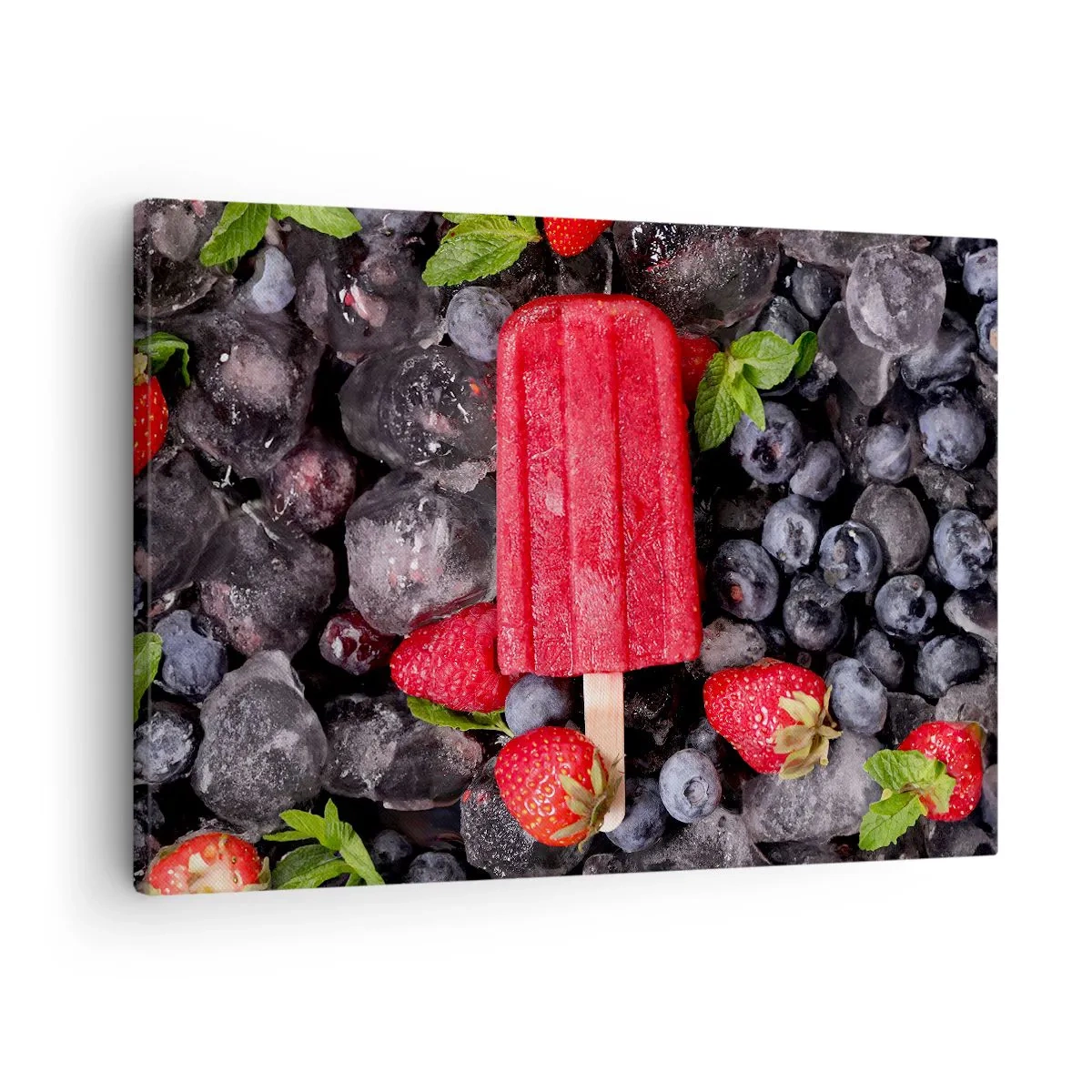 Bild auf Leinwand - Leinwandbild - Rotes Eis am Stiel, umgeben von Früchten und Eis - 70x50cm - So schmeckt der heiße Sommer - Moderne Wanddekoration für Wohnzimmer und Schlafzimmer ARTTOR