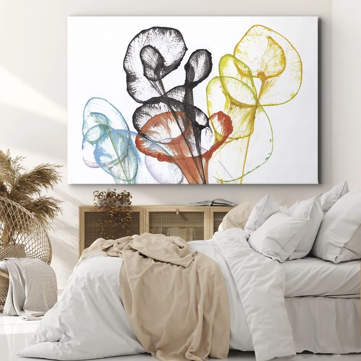 Bild auf Leinwand - Leinwandbild - Bunte transparente Blumen auf weißem Hintergrund - 100x70cm - Blumen mit Seele - Moderne Wanddekoration für Wohnzimmer und Schlafzimmer ARTTOR