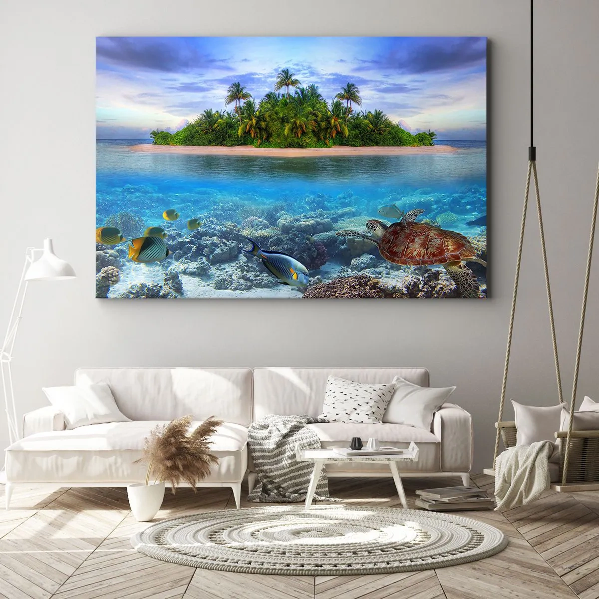 Bild auf Leinwand - Leinwandbild - Eine tropische Insel, umgeben von einem türkisfarbenen Ozean mit einem Korallenriff und Fischen. - 70x50cm - Heavenly Island lädt dich ein - Moderne Wanddekoration für Wohnzimmer und Schlafzimmer ARTTOR
