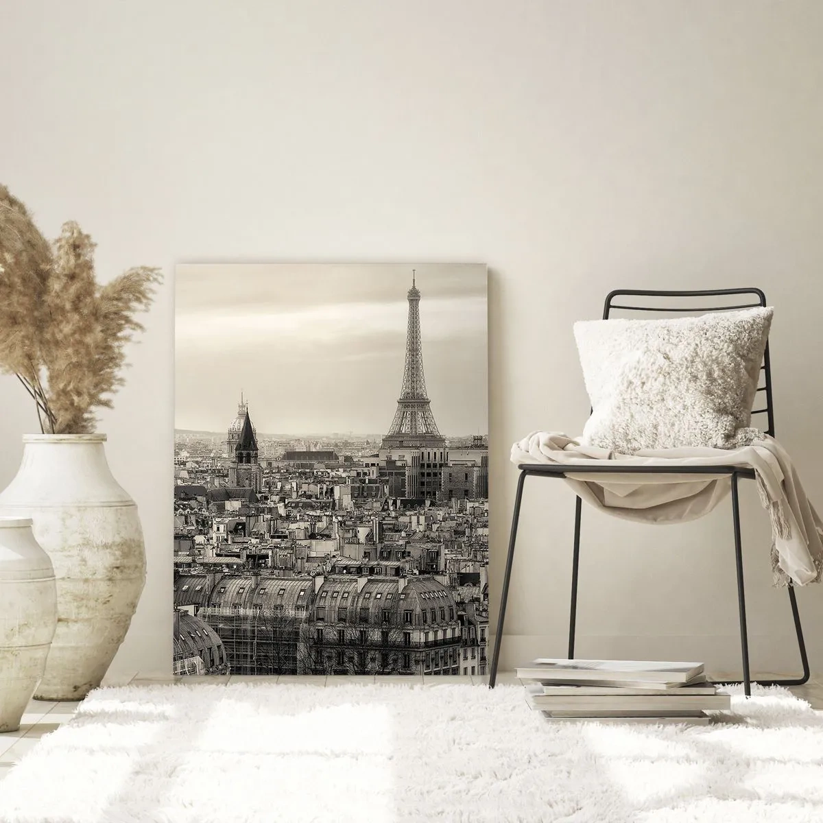 Glasbild - Bild auf glas - Ein Panorama von Paris mit Blick auf den Eiffelturm in Sepiatönen - 50x70cm - Über den Dächern von Paris - Moderne Wanddekoration für Wohnzimmer und Schlafzimmer ARTTOR
