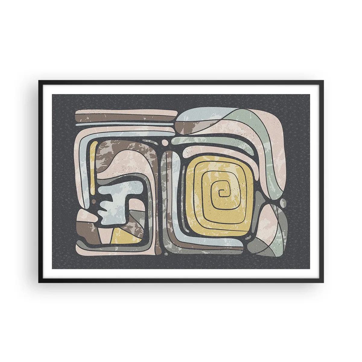 Poster in einem schwarzem Rahmen - Präkolumbianische Muster in Pastellfarben auf dunklem Hintergrund - 100x70cm - Abstraktion im präkolumbianischen Geist - Moderne Wanddekoration für Wohnzimmer und Schlafzimmer ARTTOR