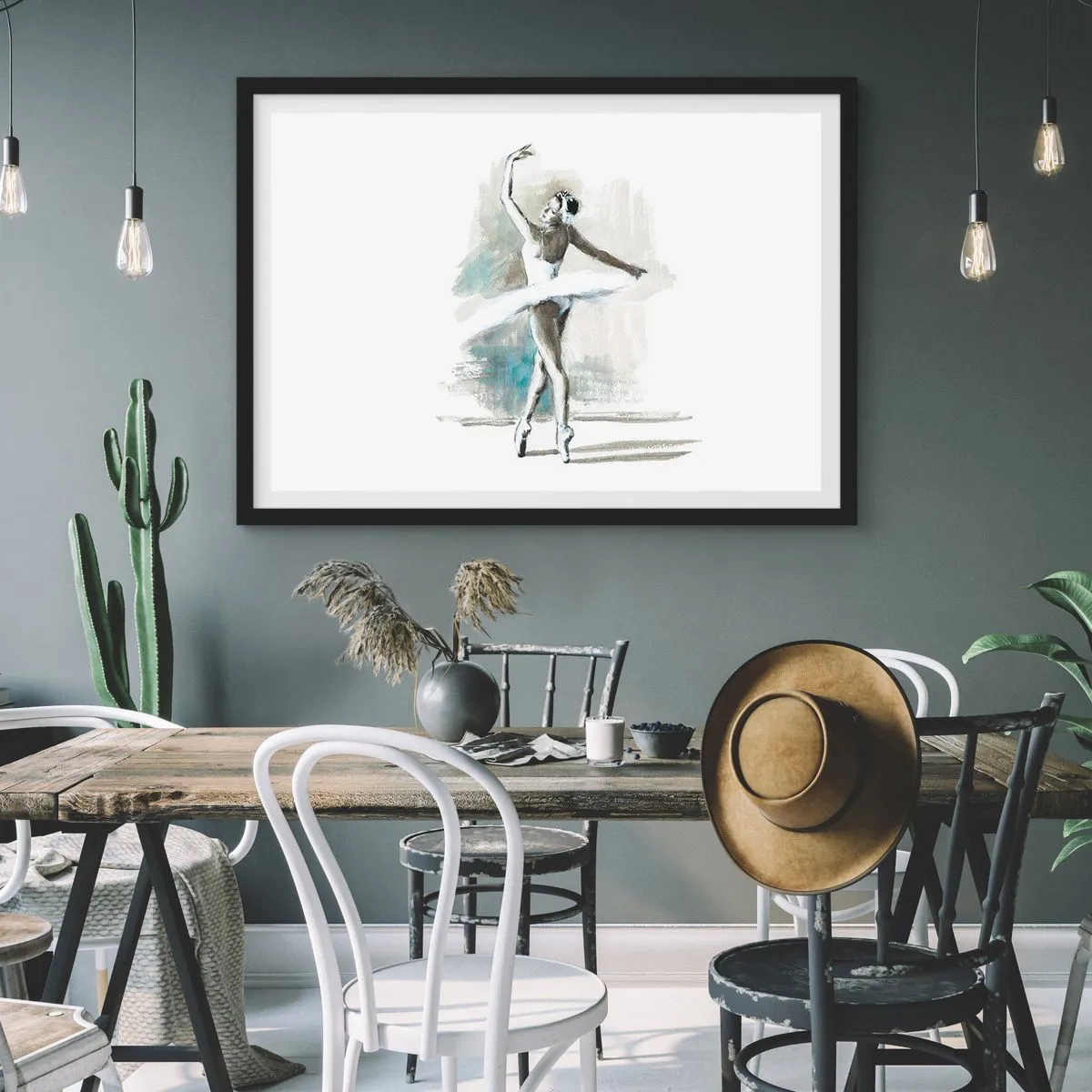 Poster in einem schwarzem Rahmen - Eine Balletttänzerin in einer Ballettpose vor einem Hintergrund aus zarten Aquarelltönen. - 70x50cm - In einen Schwan verzaubert - Moderne Wanddekoration für Wohnzimmer und Schlafzimmer ARTTOR