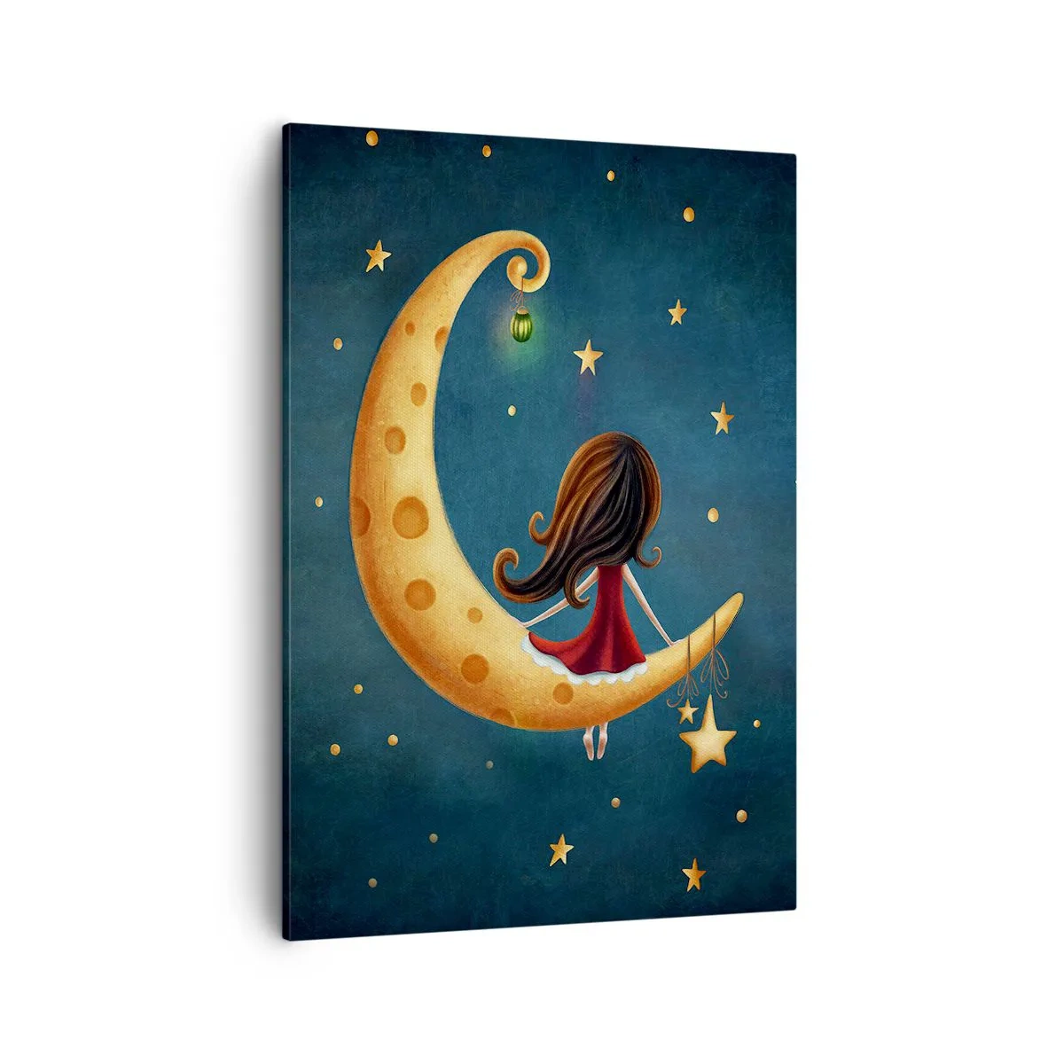 Bild auf Leinwand - Leinwandbild - Ein Mädchen auf dem Mond, umgeben von Sternen - 50x70cm - Einmal… - Moderne Wanddekoration für Wohnzimmer und Schlafzimmer ARTTOR