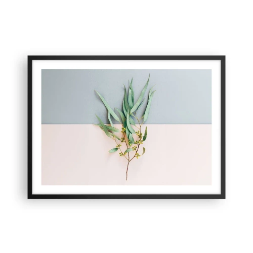 Poster in einem schwarzem Rahmen - Ein Zweig mit Blättern auf einem Hintergrund in Pastelltönen - 70x50cm - Pastellige Subtilität - Moderne Wanddekoration für Wohnzimmer und Schlafzimmer ARTTOR
