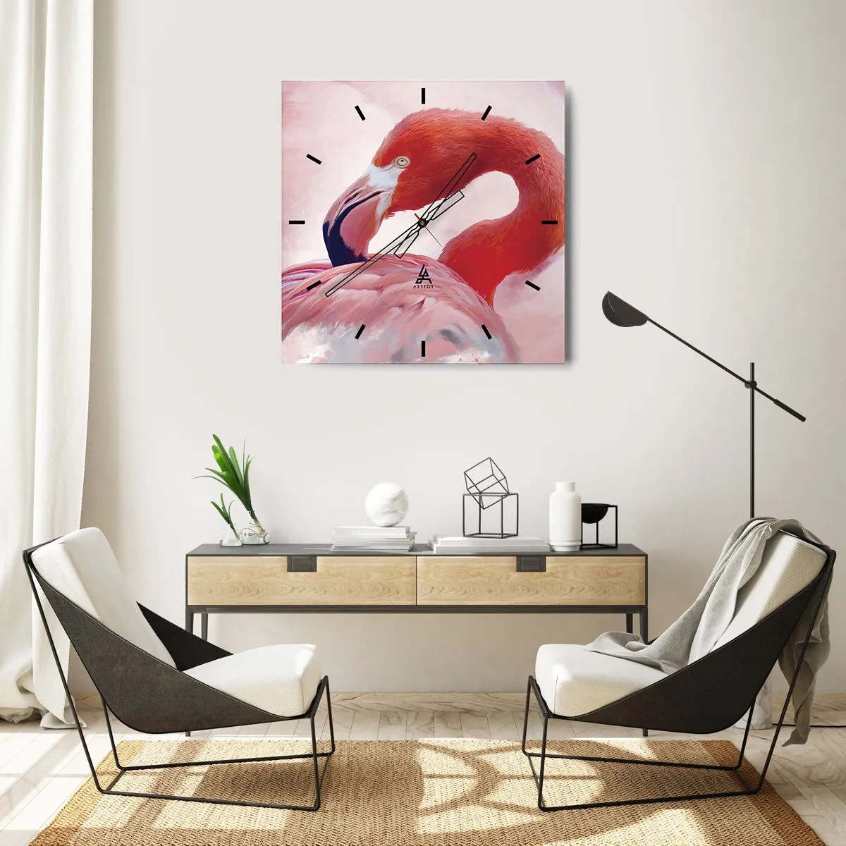 Wanduhr - Glasuhr - Ein Flamingo in Rosatönen auf hellem Hintergrund - 30x30cm - Vogel Schönheit - Moderne Wanddekoration für Wohnzimmer und Schlafzimmer ARTTOR