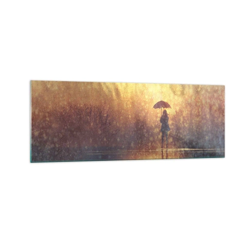 Glasbild - Bild auf glas - Eine Figur mit einem Regenschirm in einer nebligen Landschaft voller Reflexionen - 140x50cm - Ich habe das Gefühl, dass mich jemand ansieht - Moderne Wanddekoration für Wohnzimmer und Schlafzimmer ARTTOR
