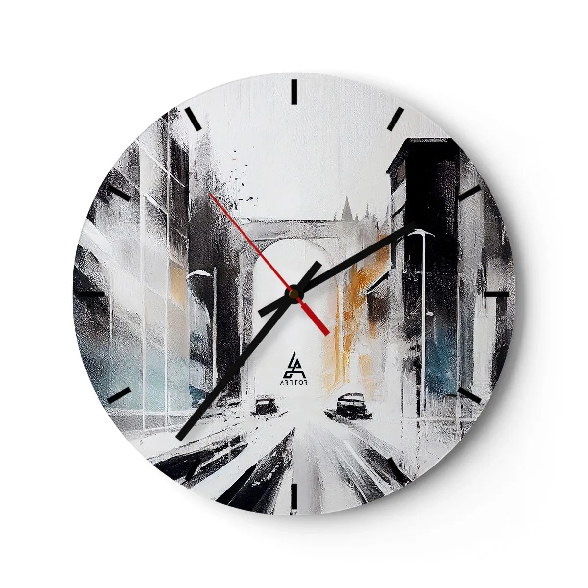 Wanduhr - Glasuhr - Eine malerische Vision einer Stadtstraße mit Autos und Gebäuden - 30x30cm - Stadtstudie: Architektur und Bewegung - Moderne Wanddekoration für Wohnzimmer, Küche und Schlafzimmer ARTTOR