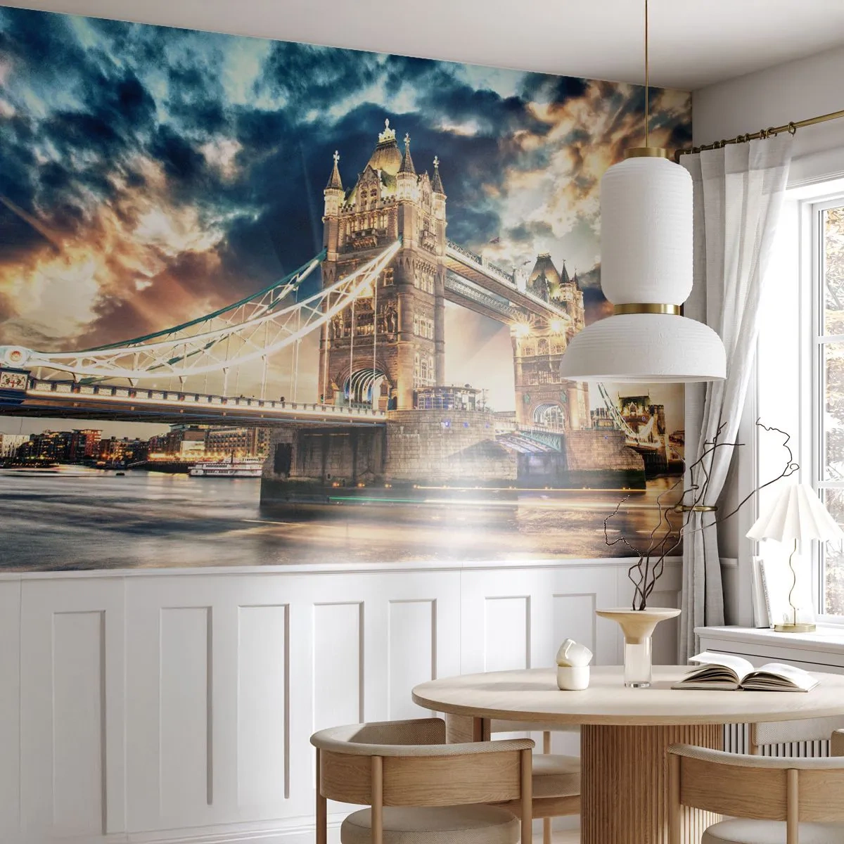Fototapete Premium Canvas - Tower Bridge in der Abenddämmerung vor einem dynamischen Himmel - 100x70cm - Denkmal des viktorianischen Imperiums - Moderne Wanddekoration für Wohnzimmer und Schlafzimmer ARTTOR
