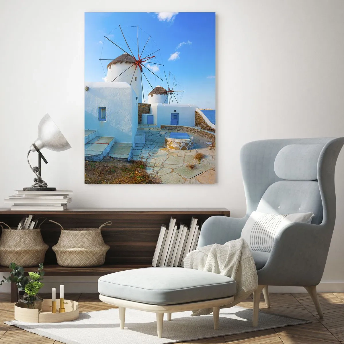 Glasbild - Bild auf glas - Weiße Windmühlen an den Ufern des blauen Meeres - 80x120cm - Der blaue Wind vom Meer - Moderne Wanddekoration für Wohnzimmer und Schlafzimmer ARTTOR