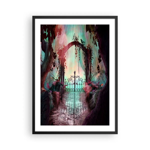 Poster in einem schwarzem Rahmen - Ein geheimnisvolles Tor im Wald mit buntem Hintergrund - 50x70cm - Geheimer Garten - Moderne Wanddekoration für Wohnzimmer und Schlafzimmer ARTTOR