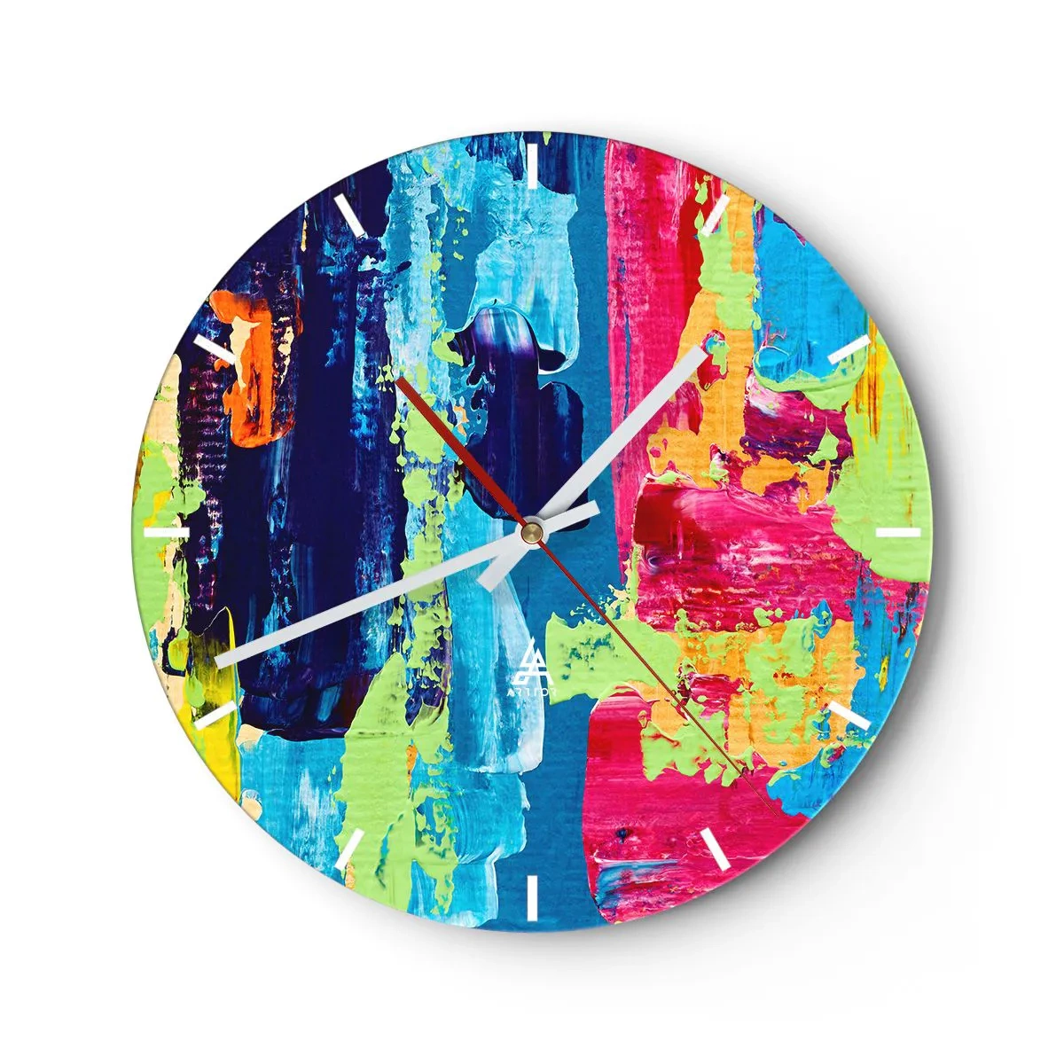 Wanduhr - Glasuhr - Bunte abstrakte Pinselstriche auf einem runden Zifferblatt - 30x30cm - Das Leben ist wunderschoen! - Moderne Wanddekoration für Wohnzimmer, Küche und Schlafzimmer ARTTOR
