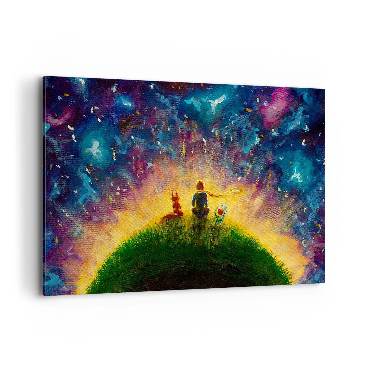 Bild auf Leinwand - Leinwandbild - Figuren auf einem grünen Hügel, umgeben von einem Sternenhimmel - 100x70cm - Liebe und Freundschaft - die ganze Welt - Moderne Wanddekoration für Wohnzimmer und Schlafzimmer ARTTOR