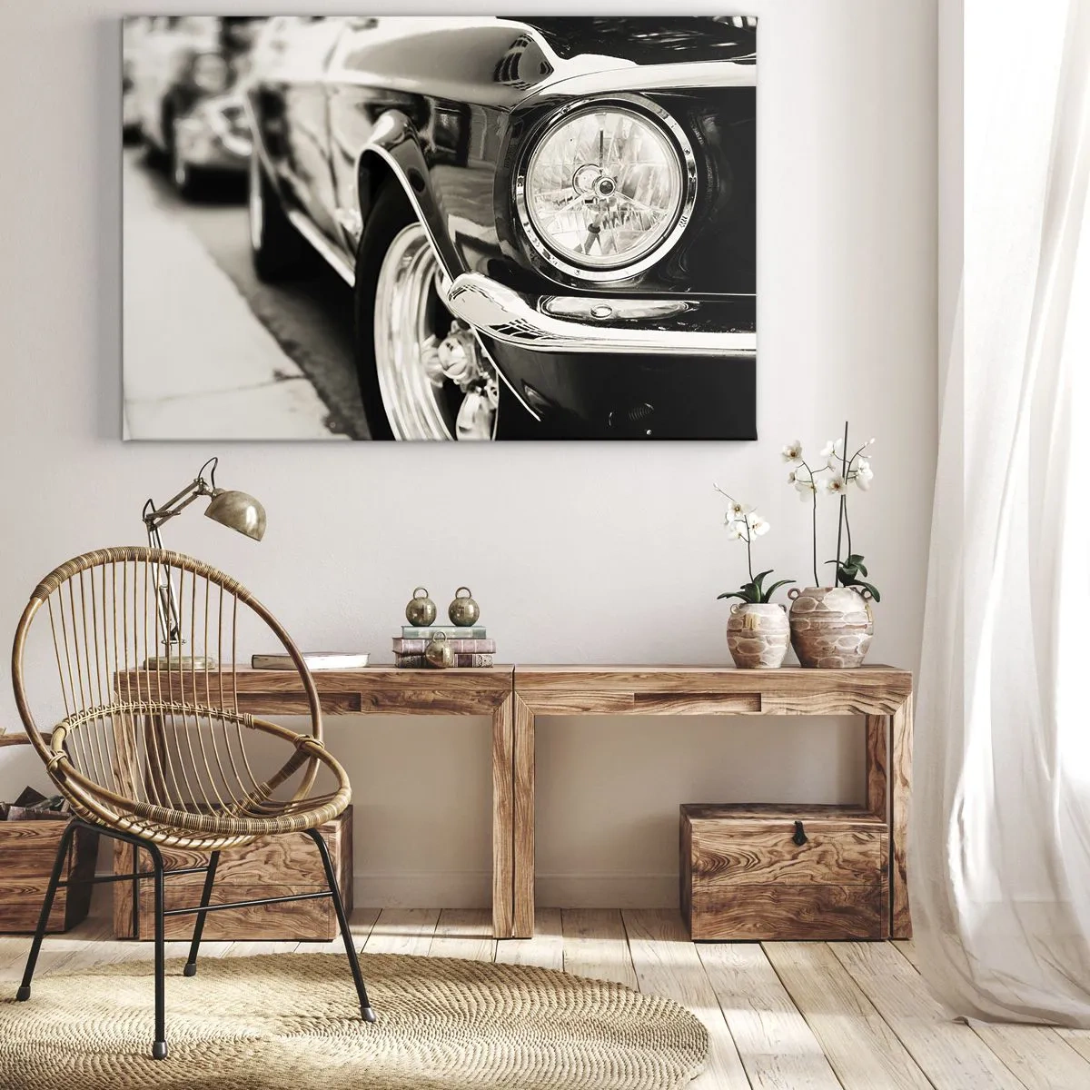 Bild auf Leinwand - Leinwandbild - Ein kultiger Oldtimer in elegantem Schwarz-Weiß - 120x80cm - Dauerhafter Glanz - Moderne Wanddekoration für Wohnzimmer und Schlafzimmer ARTTOR