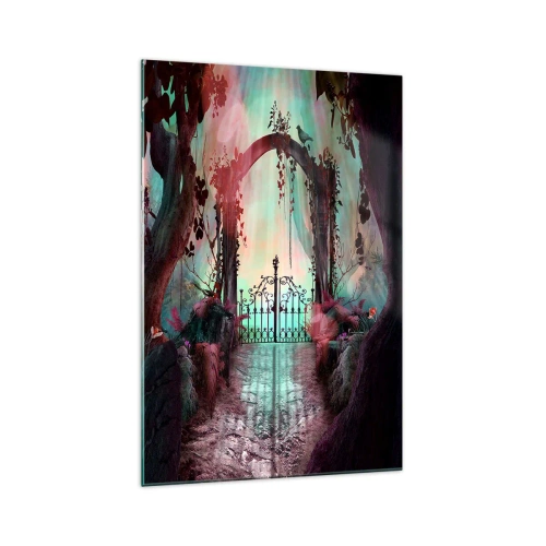 Glasbild - Bild auf glas - Ein magischer Eingang mit einem schmiedeeisernen Tor, umgeben von geheimnisvoller Vegetation - 70x100cm - Geheimer Garten - Moderne Wanddekoration für Wohnzimmer und Schlafzimmer ARTTOR