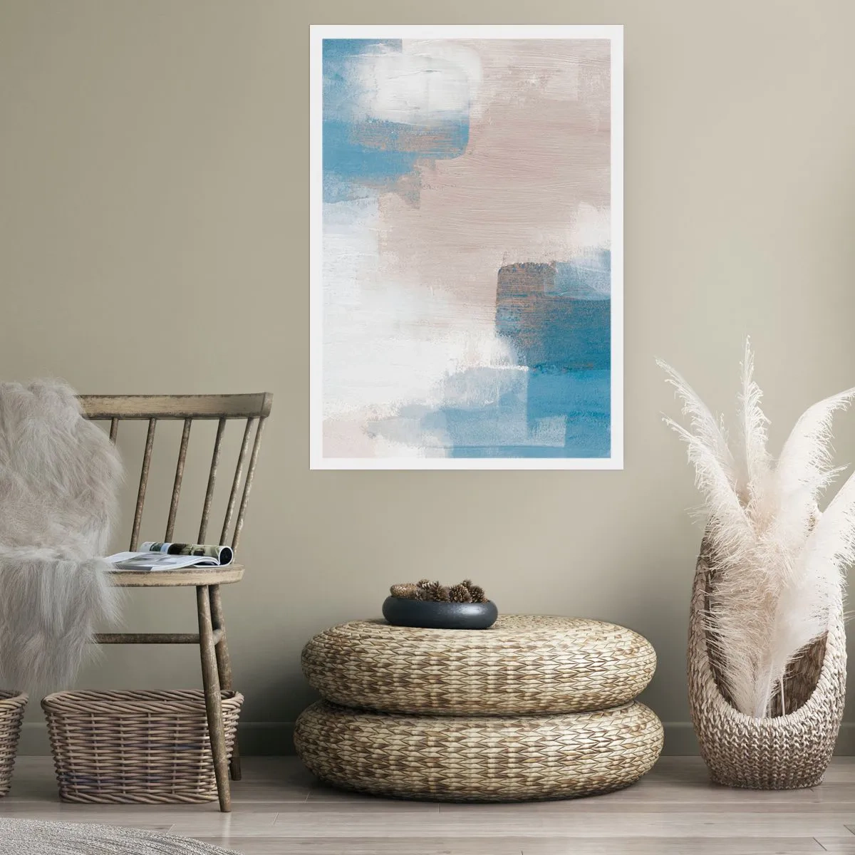 Poster - Abstrakte Komposition in Blau- und Beigetönen - 50x70cm - Rosa Abstraktion hinter einem blauen Vorhang - Moderne Wanddekoration für Wohnzimmer und Schlafzimmer ARTTOR