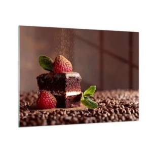 Glasbild - Bild auf glas - Schokoladendessert mit Himbeeren und Minzblättern - 70x50cm - Das Leben ist süß - Moderne Wanddekoration für Wohnzimmer und Schlafzimmer ARTTOR