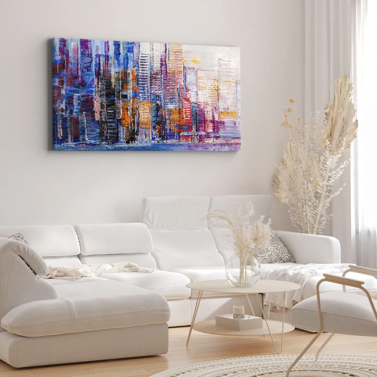 Bild auf Leinwand - Leinwandbild - Ein farbenfrohes Panorama der Stadt mit Spiegelungen auf dem Wasser - 120x50cm - Fröhliche Metropole - Moderne Wanddekoration für Wohnzimmer und Schlafzimmer ARTTOR