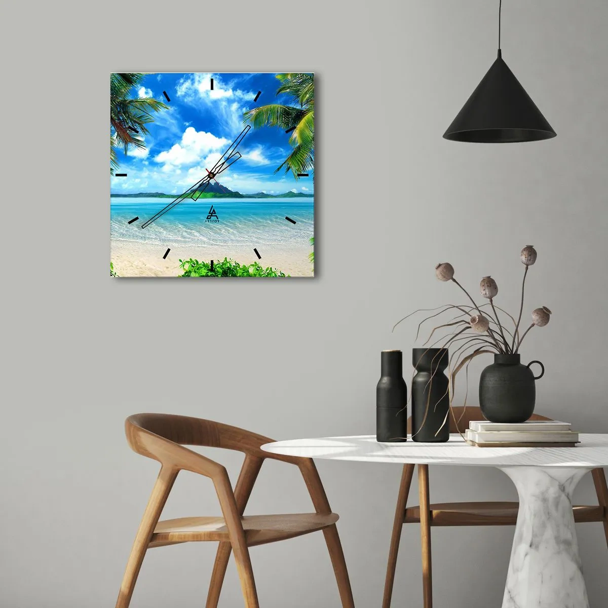 Wanduhr - Glasuhr - Tropischer Strand mit Palmen und Blick auf die Insel - 30x30cm - Das Azurblau der Tropen - Moderne Wanddekoration für Wohnzimmer und Schlafzimmer ARTTOR