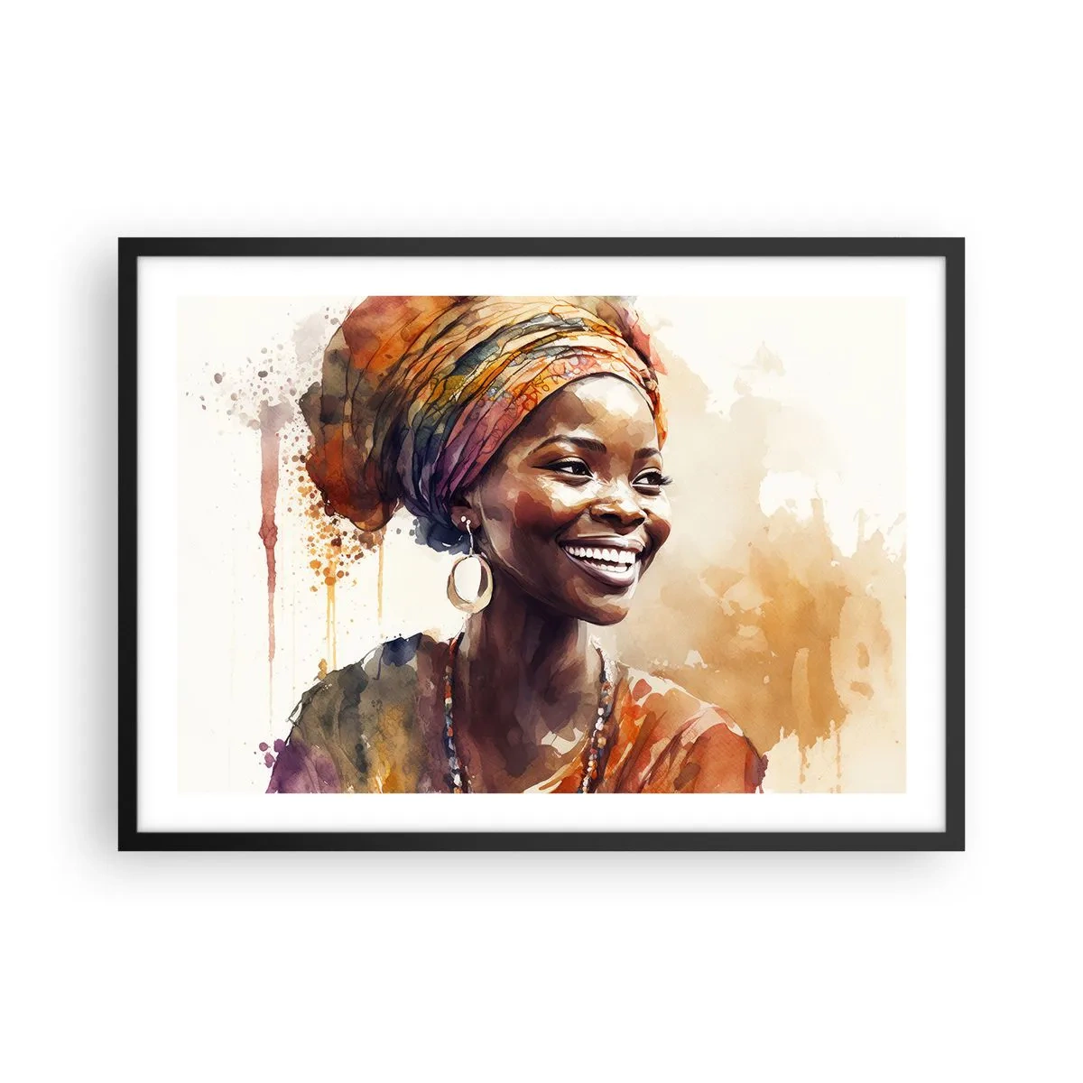 Poster in einem schwarzem Rahmen - Porträt einer lächelnden Frau mit buntem Schal in Aquarell - 70x50cm - Afrikanische Königin - Moderne Wanddekoration für Wohnzimmer und Schlafzimmer ARTTOR