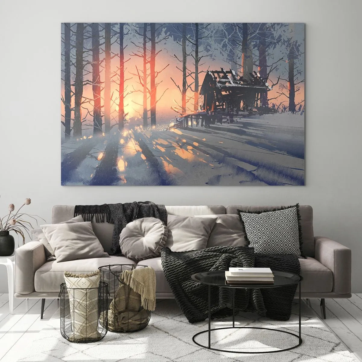 Glasbild - Bild auf glas - Winterwald bei Sonnenuntergang mit einem Häuschen im Hintergrund - 100x70cm - Hier sieht nur die Sonne rein - Moderne Wanddekoration für Wohnzimmer und Schlafzimmer ARTTOR