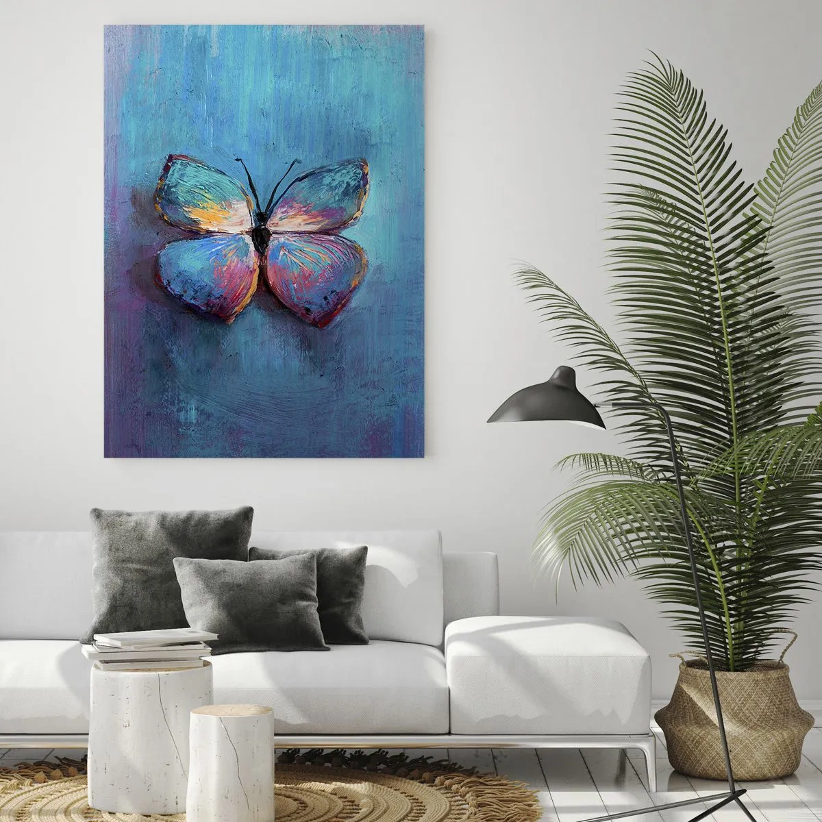 Glasbild - Bild auf glas - Ein bunter Schmetterling vor einem Hintergrund aus abstrakten Farben in Blau- und Lilatönen. - 50x70cm - In all seiner Pracht - Moderne Wanddekoration für Wohnzimmer und Schlafzimmer ARTTOR