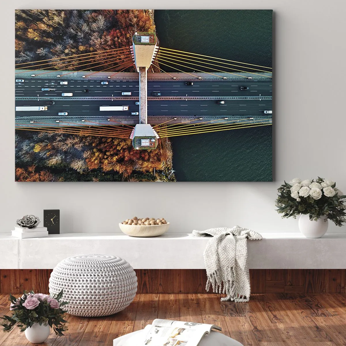 Bild auf Leinwand - Leinwandbild - Luftaufnahme der Brücke über den Fluss und der Herbstlandschaft - 70x50cm - Jenseits der Gewässer, jenseits der Wälder - Moderne Wanddekoration für Wohnzimmer und Schlafzimmer ARTTOR