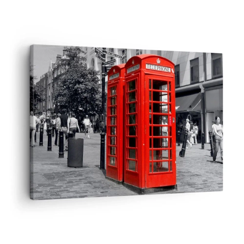 Bild auf Leinwand - Leinwandbild - Rote Telefonzellen vor einer schwarz-weißen Stadtkulisse. - 70x50cm - Rote Telefonzellen - Moderne Wanddekoration für Wohnzimmer und Schlafzimmer ARTTOR