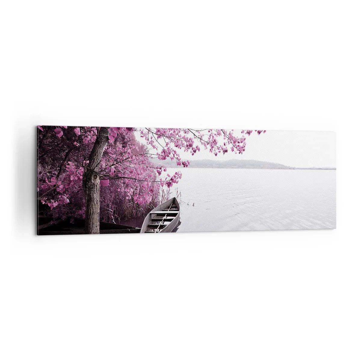Bild auf Leinwand - Leinwandbild - Ein Boot am Ufer eines Sees zwischen rosa Bäumen - 160x50cm - In rosa Stille - Moderne Wanddekoration für Wohnzimmer und Schlafzimmer ARTTOR
