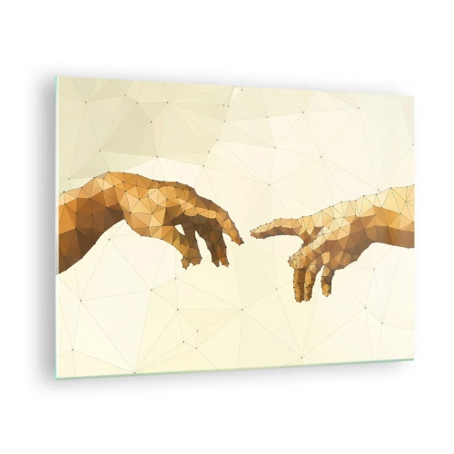 Glasbild - Bild auf glas - Eine stilisierte Version des Gemäldes „Die Erschaffung Adams“ in Polygontechnik - 70x50cm - Göttliche Geometrie - Moderne Wanddekoration für Wohnzimmer und Schlafzimmer ARTTOR