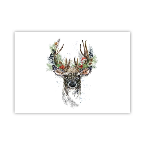 Poster - Stilisierter Hirsch mit dekorativem Geweih auf weißem Hintergrund - 100x70cm - Im festlichen Gewand - Moderne Wanddekoration für Wohnzimmer und Schlafzimmer ARTTOR