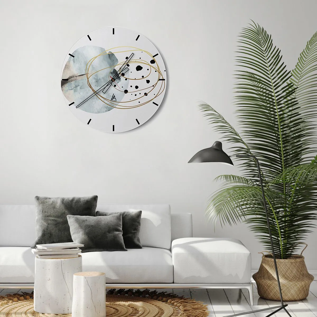 Wanduhr - Glasuhr - Abstrakte goldene Linien und schwarze Punkte auf hellem Hintergrund - 30x30cm - Vom Weltraum umarmt - Moderne Wanddekoration für Wohnzimmer, Küche und Schlafzimmer ARTTOR