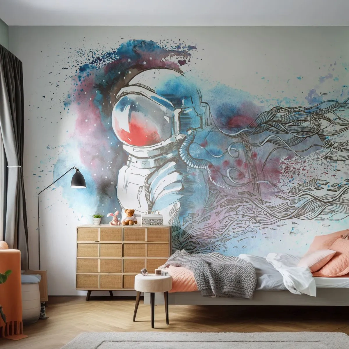 Fototapete Premium Canvas - Ein Kosmonaut in einem dynamischen Aquarell mit kosmischen Details - 100x70cm - Allein mit Platz - Moderne Wanddekoration für Wohnzimmer und Schlafzimmer ARTTOR