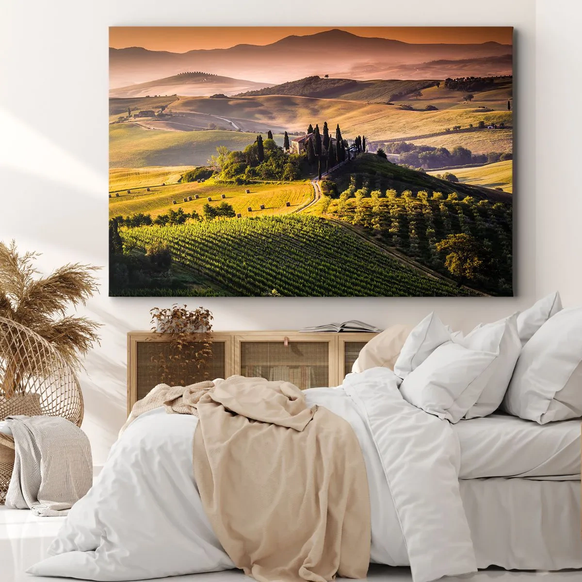 Bild auf Leinwand - Leinwandbild - Toskanische Landschaft mit Weinbergen und einem Haus auf einem Hügel - 70x50cm - Arkadien - die toskanische Landschaft - Moderne Wanddekoration für Wohnzimmer und Schlafzimmer ARTTOR